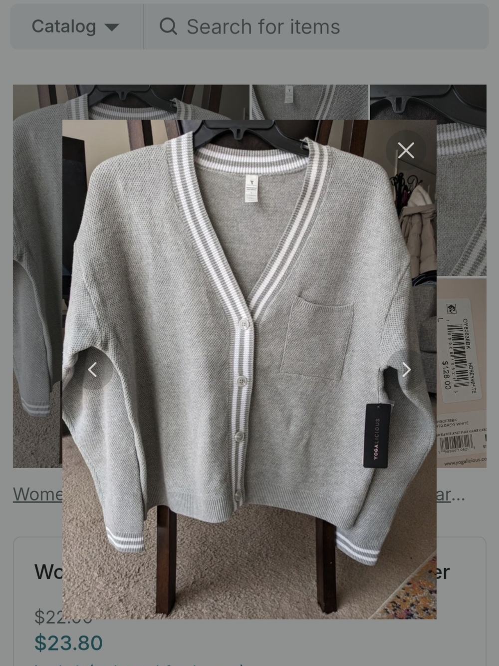 Yogalicious Light Gray V-Neck Button Front Cardigan with White Trim